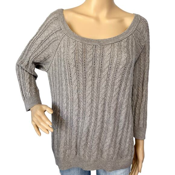 American Eagle Cable Knit Pointelle Gray Sweater Size L Pullover 3/4 Sleeve Cozy - Picture 2 of 6